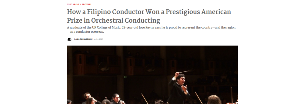 A headline from Esquire on former iCLA exchange student Jose Reyna's award in orchestral conducting.